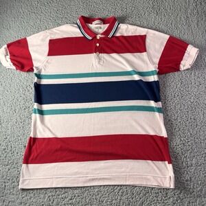 Vintage Steeple Chase Polo Shirt Single Stitch Red Blue Collared Stripes‎ Large